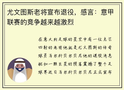 尤文图斯老将宣布退役，感言：意甲联赛的竞争越来越激烈