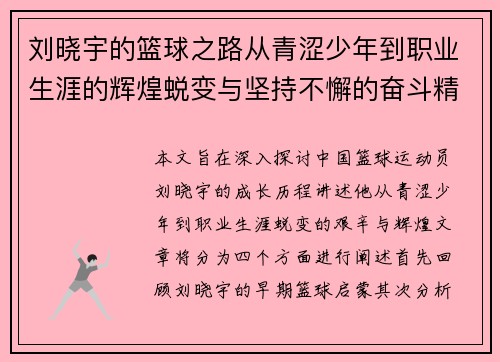 刘晓宇的篮球之路从青涩少年到职业生涯的辉煌蜕变与坚持不懈的奋斗精神