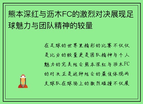 熊本深红与沥木FC的激烈对决展现足球魅力与团队精神的较量