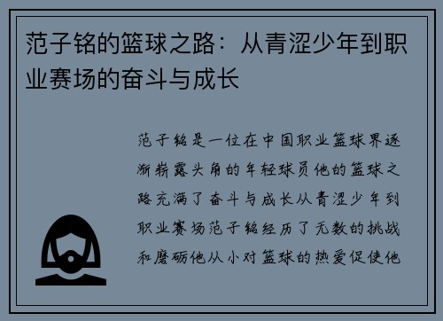 范子铭的篮球之路：从青涩少年到职业赛场的奋斗与成长