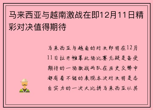 马来西亚与越南激战在即12月11日精彩对决值得期待