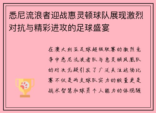 悉尼流浪者迎战惠灵顿球队展现激烈对抗与精彩进攻的足球盛宴