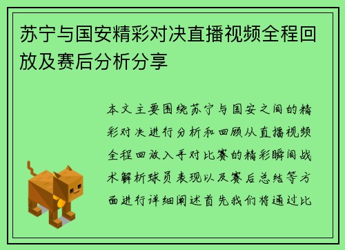 苏宁与国安精彩对决直播视频全程回放及赛后分析分享