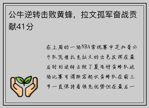 公牛逆转击败黄蜂，拉文孤军奋战贡献41分