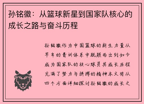 孙铭徽：从篮球新星到国家队核心的成长之路与奋斗历程
