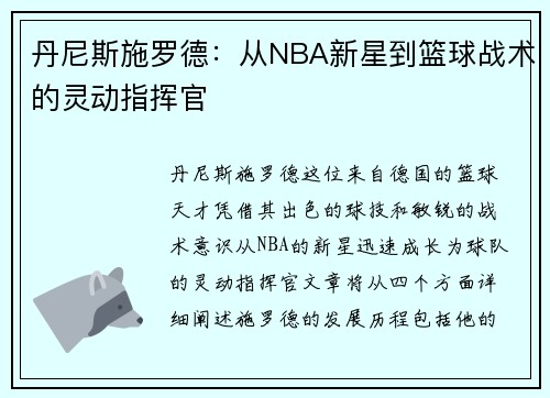 丹尼斯施罗德：从NBA新星到篮球战术的灵动指挥官