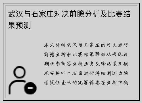 武汉与石家庄对决前瞻分析及比赛结果预测