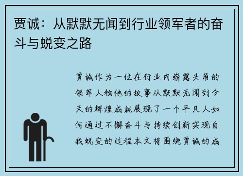 贾诚：从默默无闻到行业领军者的奋斗与蜕变之路