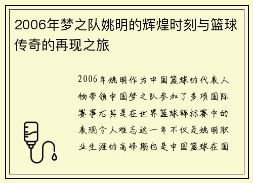 2006年梦之队姚明的辉煌时刻与篮球传奇的再现之旅