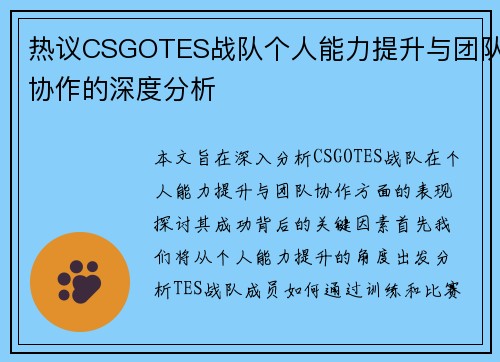 热议CSGOTES战队个人能力提升与团队协作的深度分析
