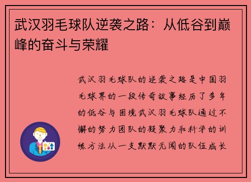 武汉羽毛球队逆袭之路：从低谷到巅峰的奋斗与荣耀