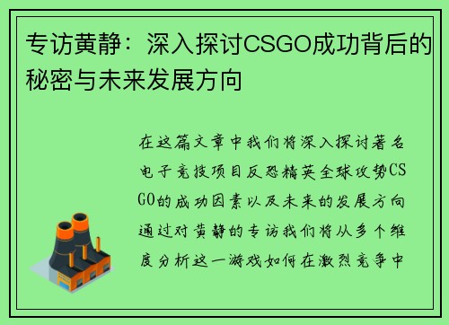 专访黄静：深入探讨CSGO成功背后的秘密与未来发展方向