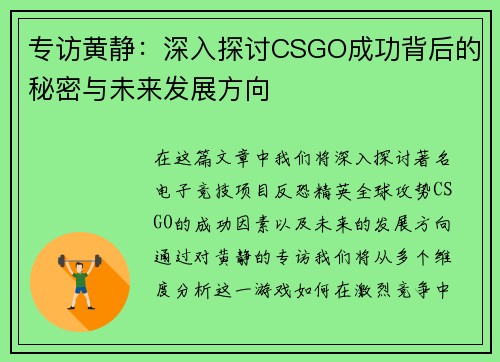专访黄静：深入探讨CSGO成功背后的秘密与未来发展方向