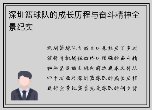 深圳篮球队的成长历程与奋斗精神全景纪实